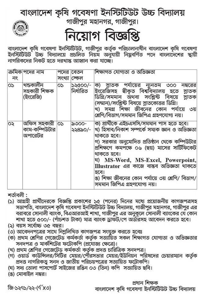 Bangladesh Agricultural Research Institute High School Job Circular 2022