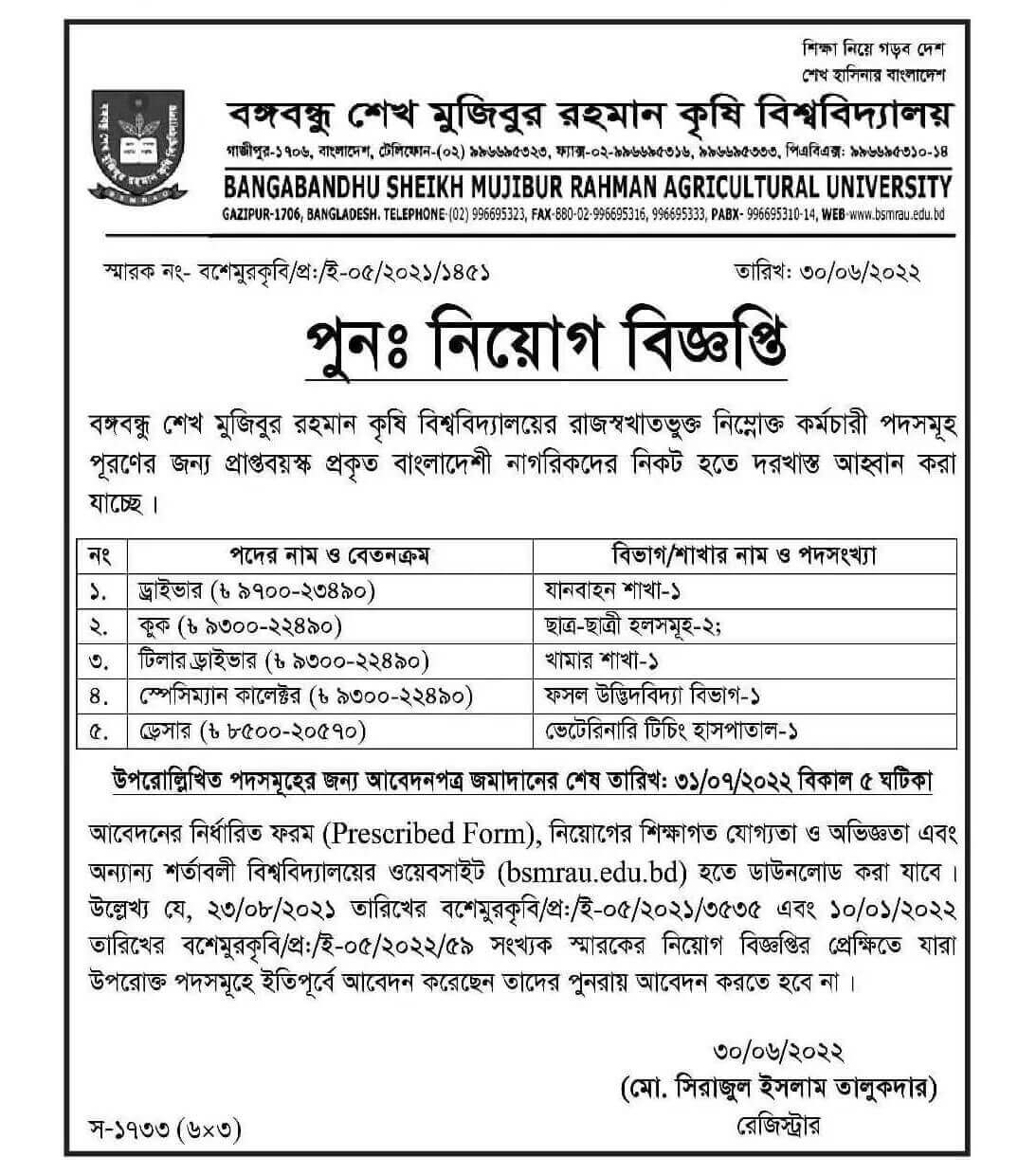 BSMRAU Job Circular 2022 - bsmrau.edu.bd online Apply 2