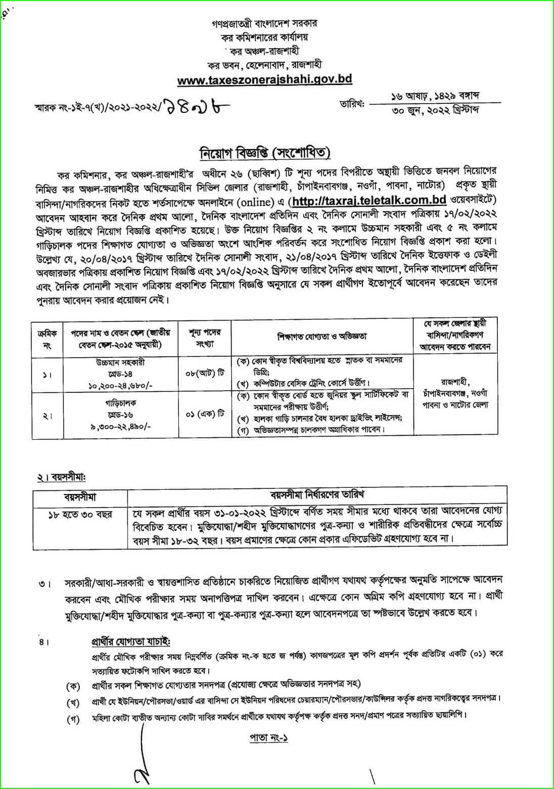 Taxes Zone Rajshahi Job circular 2022 – TAXRAJ.teletalk.com.bd 1